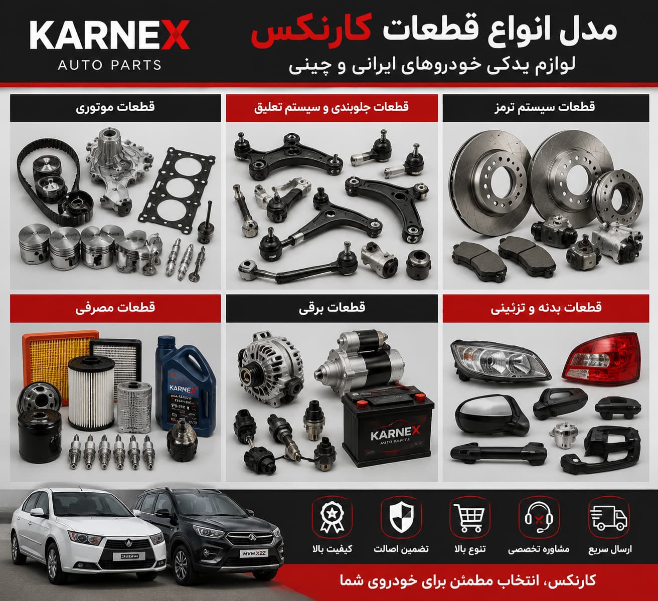 دسته‌بندی لوازم یدکی و قطعات خودرو کارنکس شامل موتور، ترمز و جلوبندی